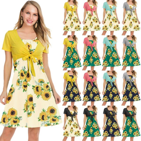 

women summer beach slip sunflower floral dress short sleeve crop coat set, Black;gray