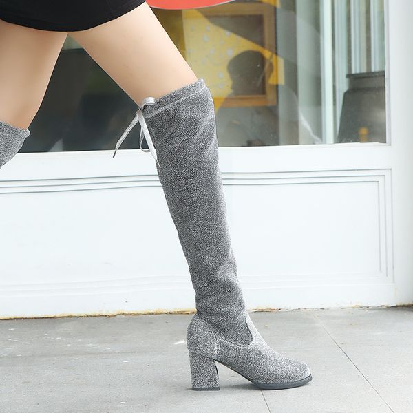 

2019 gold women boots stretch sequined cloth thick high heels long boots autumn fashion ladies over the knee, Black