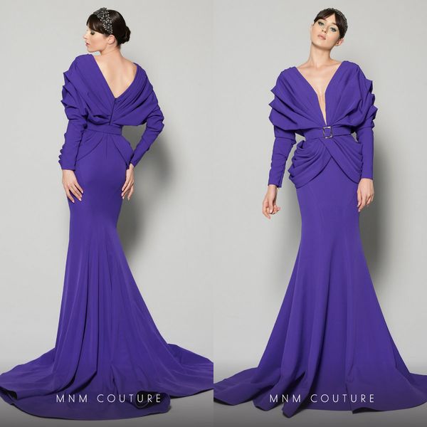 

2020 gorgeous mermaid evening dresses high v-neck long sleeve elegant formal prom dress sash sweep train satin ruched party gown sell, Black;red