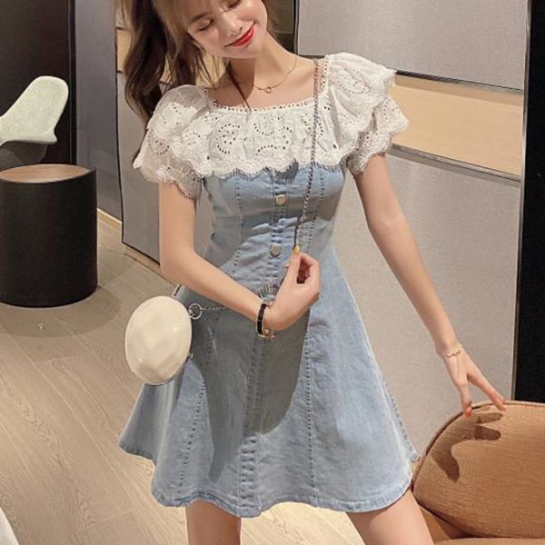 

корейских женщин кружева лоскутная sexy плеча denim платье лето 2020 новый короткий рукав кнопки передней мини платья для женщин robe, Black;gray