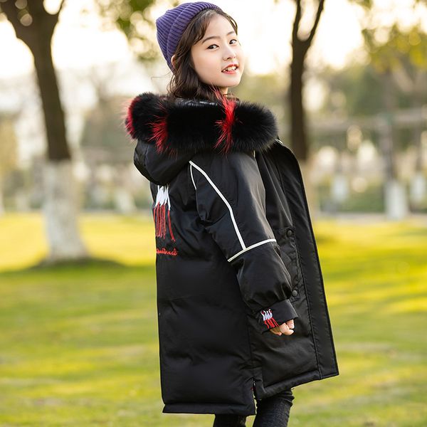 

children's down jacket real fur hooded coats girls winter down parka double side wear thicken long waterproof outerwear tz554, Blue;gray