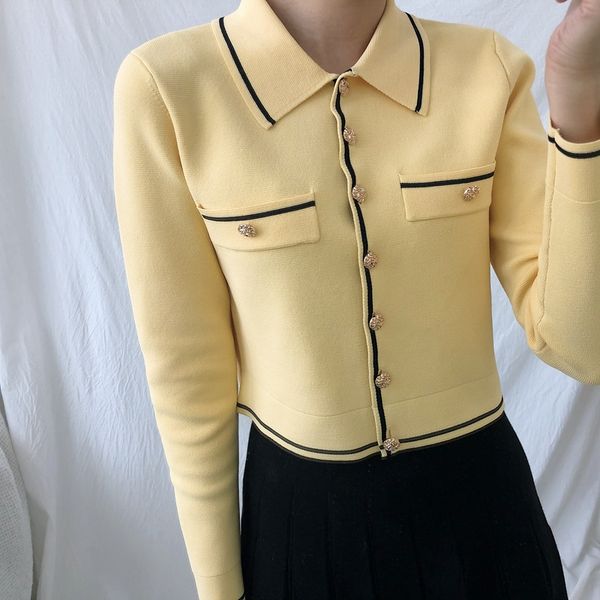 

sweet elegant women cardigan knitting single breasted turn-down collar jacket gold buttons long sleeve short coat knitwear, White