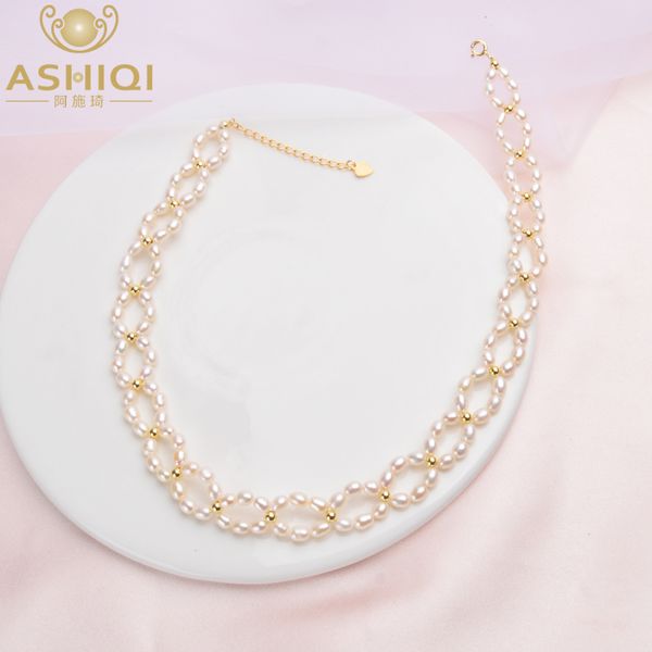 

ashiqi natural pearl choker necklace 925 sterling silver collares jewelry for women 3-4mm freshwater pearl