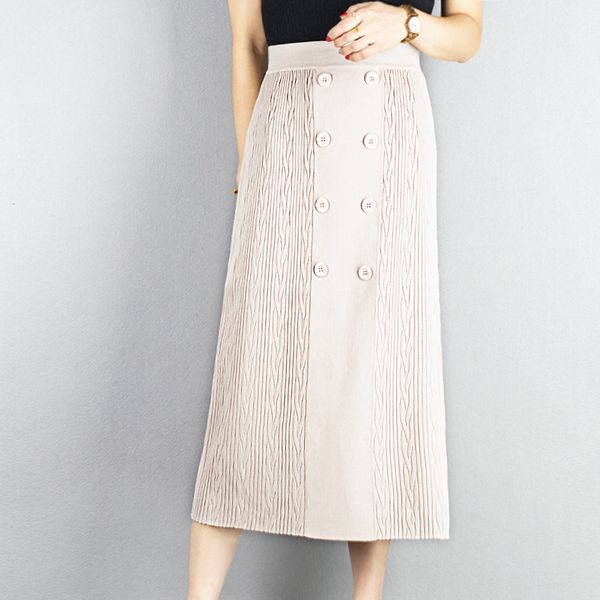 

2020 high waist knitted winter a-line long fashion button decorated women autumn brown skirt faldas jupe femme saia, Black