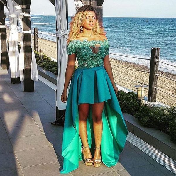 

short front long back prom dresses high low satin evening party gowns illusion neck appliques green formal women dress, Black;red