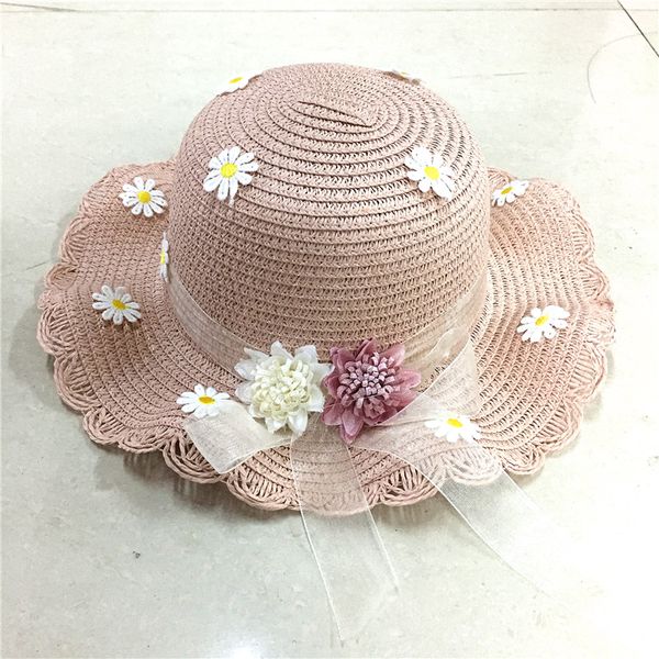 

little girls handmade straw hat children beach floppy hats kids summer straw hat lace flower band foldable boater hats, Yellow