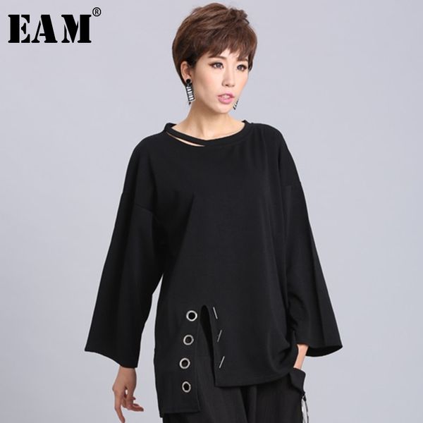 

eam] 2020new spring summer black full sleeve o collar split pullover personality women fashion tide loose casual t-shirt oa881, White