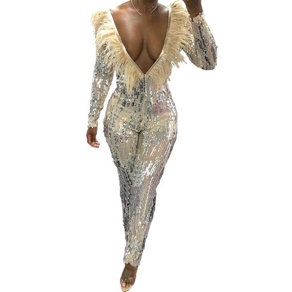 

club flaring sequined tassel jumpsuits full sleeve backless women long pencil rompers, Black;white