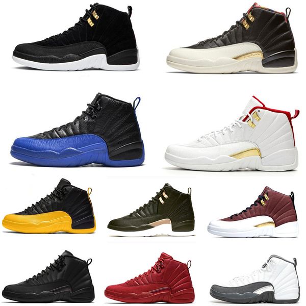 

12 12s fiba cny bumblebee mens basketball shoes reverse taxi game royal blue gym red wings grey men sports designer sneakers trainers, White;red