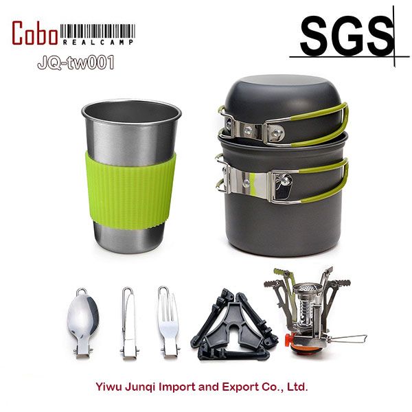 

camping cookware stove carabiner canister stand tripod and stainless steel cup tank bracket fork knife spoon kit for backpack