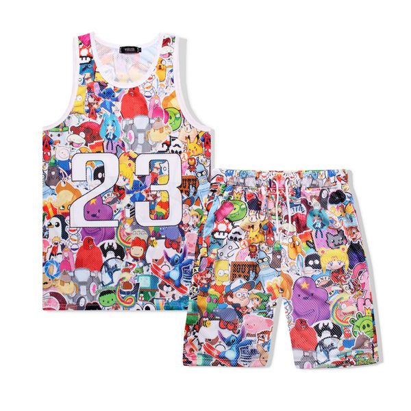 

tracksuit set man summer 3d print cartoon beach casual 2 pieces sets sleeveless tank top+shorts mens fitness clothing vest set, Gray