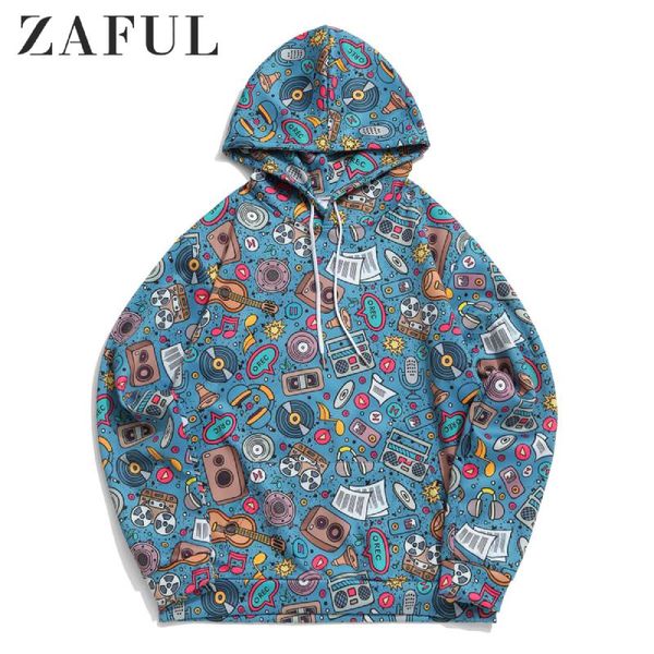 

zaful men music elements graphic print casual hoodie long sleeve kangaroo pocket casual hip hop funny streetwear sweatshirt, Black