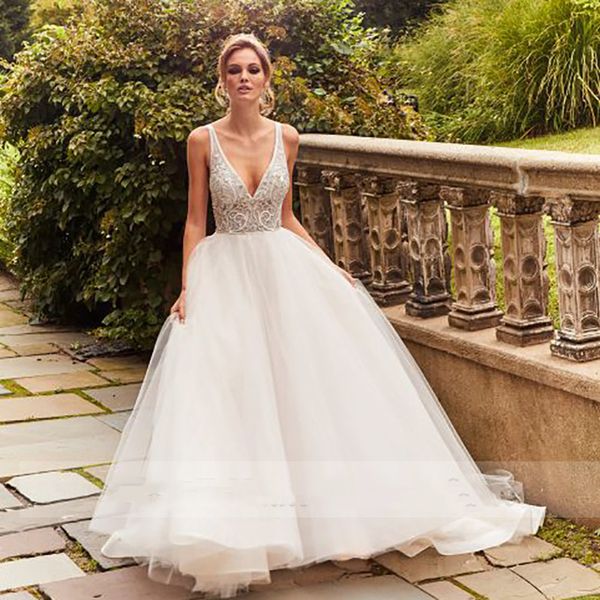 

lorie boho wedding dress sleeveless a line v neck appliqued lace bride dress backless wedding gown robe de mariee h018, White