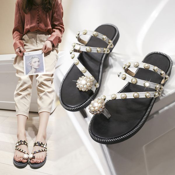 

fairy slippers new summer style outside beach shoes flat bottom water drill bead slippers for 2019, Black