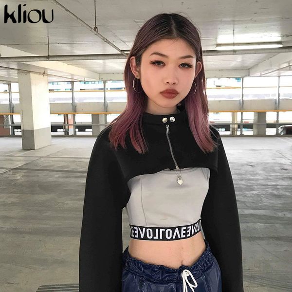 

kliou 2019 long sleeve zipper patchwork extra crop autumn winter women fashion casual outfits sweatshirts streetwear, Black