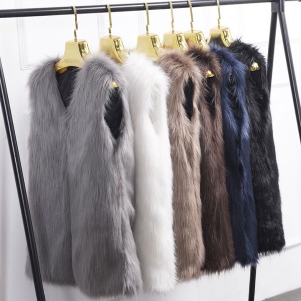 

fu002 long fur vest winter women faux fur vest furry slim women's fake ladies v neck women winter coat, Black