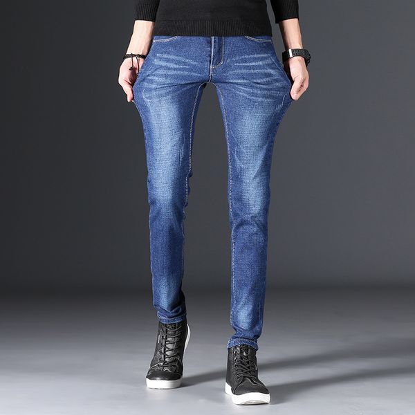 

classic style men's business casual jeans high waist straight denim stretch trousers male brand black blue pants 38