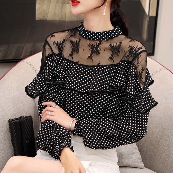 

women's polka dot printed sweatshirts female elegant lace mesh draped long sleeve chiffon hollow out hoodies mikina s kapucÃ­, Black