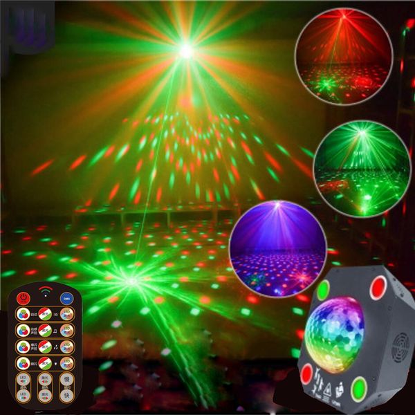 Luci da festa Illuminazione stroboscopica con sfera da discoteca con 120 motivi Proiettore laser RGB Luce da DJ attivata dal suono per il bar Spettacolo di nozze di Natale Club