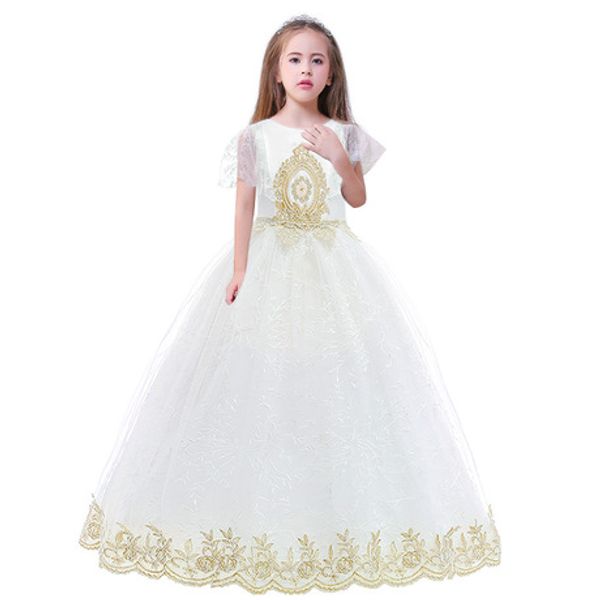 

goldenshield big children flower girls dresses with tail lace flower gauze embroidery fashion and style for wedding /party wear, White;blue
