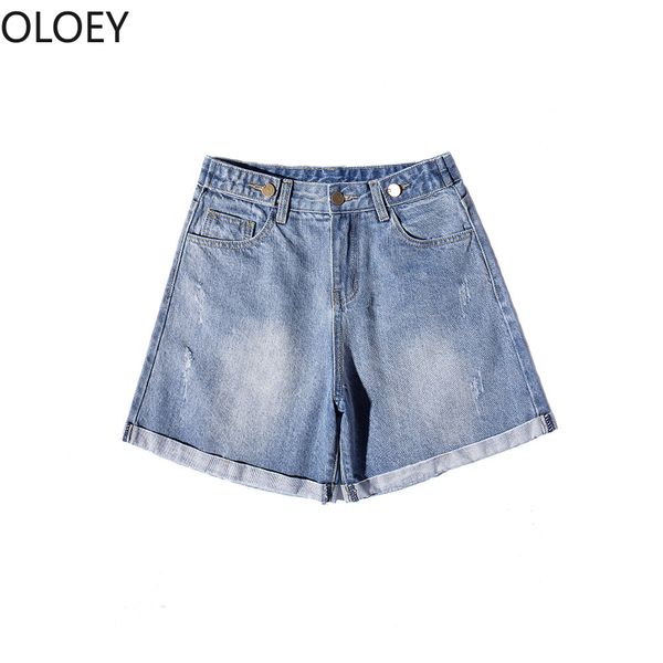 

blue high waist straight women short jeans summer new harajuku style wide leg crimping cuffs denim shorts casual street style