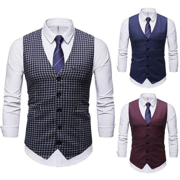 

mens plaid checked suit vest 2020 brand new slim fit single breasted dress vests men business formal wedding tuxedo waistcoat, Black;white
