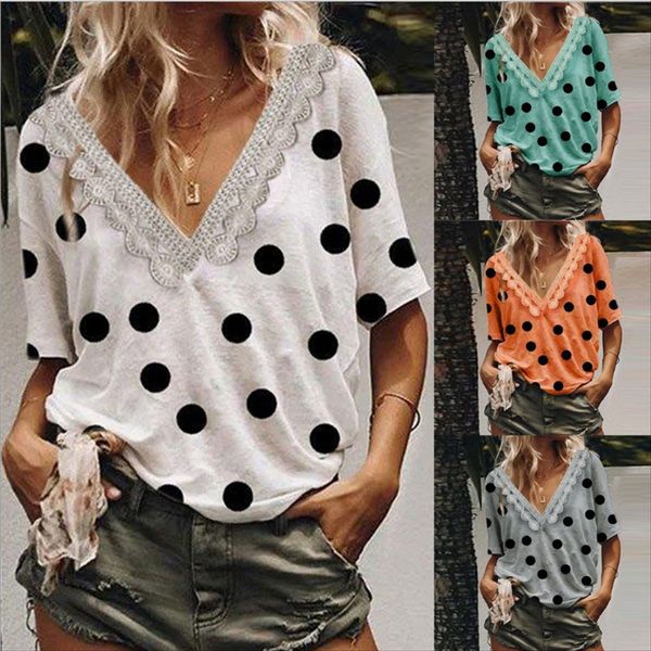 

women's lace stitching v-neck big wave dot short-sleeved t-shirt women's lace stitching v-neck big wave dot short-sleeved t-shirt, White