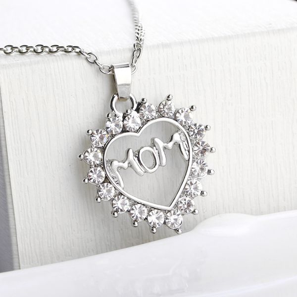 

new mom love heart crystal charm necklace family jewelry mother day pendant word gifts ing, Silver