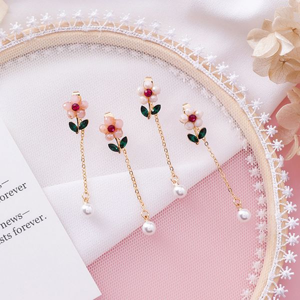 

lovely full rhinestone flower temperament long chain tassel drop pendientes new fashion women pearl pendant earrings party, Golden