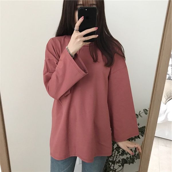 

2019 autumn women's basic loose solid color all-match long sleeve t-shirt student base girlfriends coat t-shirt top, White