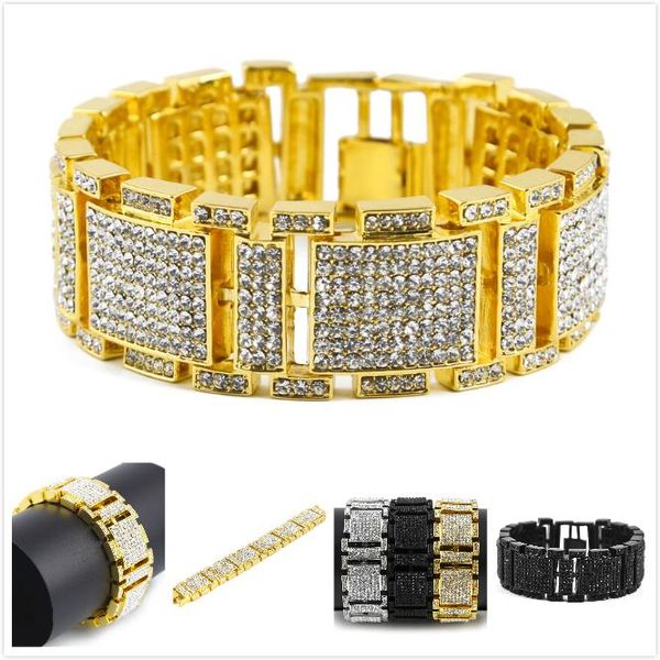 Neue Mode Edelstahl Bling Voller Diamant Gold Silber Schwarz Hip Hop Herrenuhr Band Kette Armband Rapper Armband Schmuck für Jungen