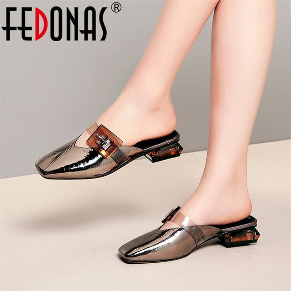 

fedonas mules shoes women pumps big buckle decoration small sqaure toe low heels spring summer pumps nigh club shoes woman y200702, Black