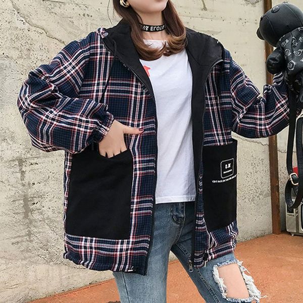 

harajuku preppy style plaid hooded coat women zip black hoody jumper two sides wear overcoat outwear fall 2019 oversized jacket, Black;brown