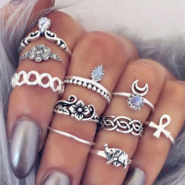 

10pcs/set antique gold silver moon elephant animal fower crystal ring knuckle wedding ring set bohemia geometric jewelry, Golden;silver