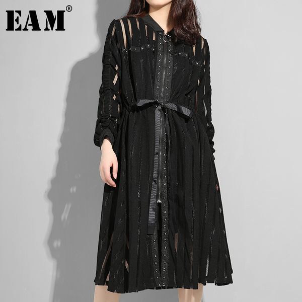 

eam] 2020 new autumn winter stand collar long sleeve black striped perspective zipper loose dress women fashion tide js958, Black;gray