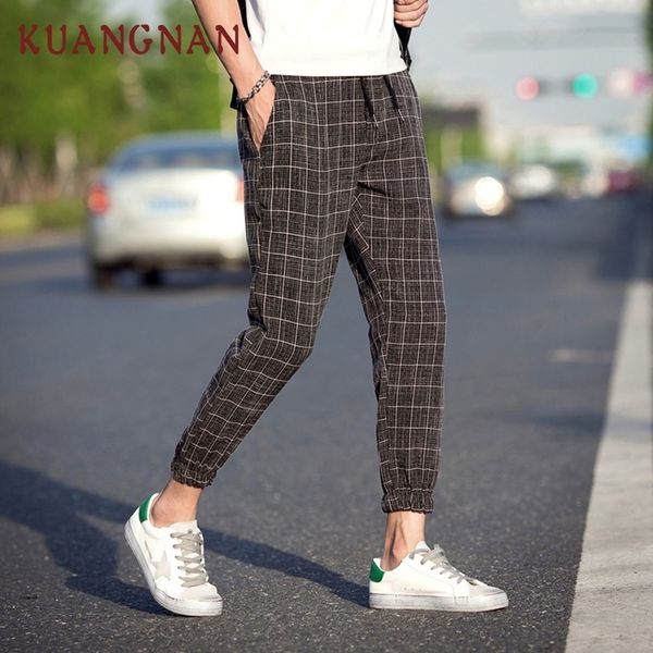 

plaid pant kuangnan повседневные клетчатые брюки мужчины шнурок уличная одежда длиной до щиколотки шаровары мужчины бегуны 5xl одежда autumn, Black