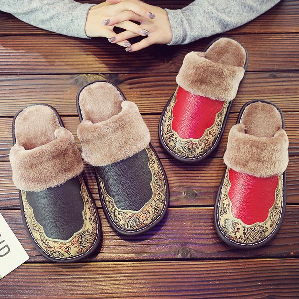 

women genuine leather winter fashion warm cowhide natural fur slippers men home plus size indoor house shoes mx200425, Black