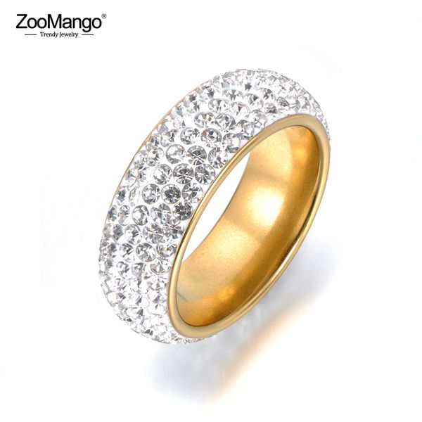 

zoomango rhinestone stainless steel finger rings pave setting cz crystal gold color wedding rings jewelry for women zr18057, Slivery;golden