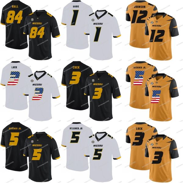 

missouri tigers 3 drew lock 5 taylor powell 4 jonathan nance 1 tyler badie 12 johnathon johnson 84 emanuel hall ncaa college football jersey, Black;red