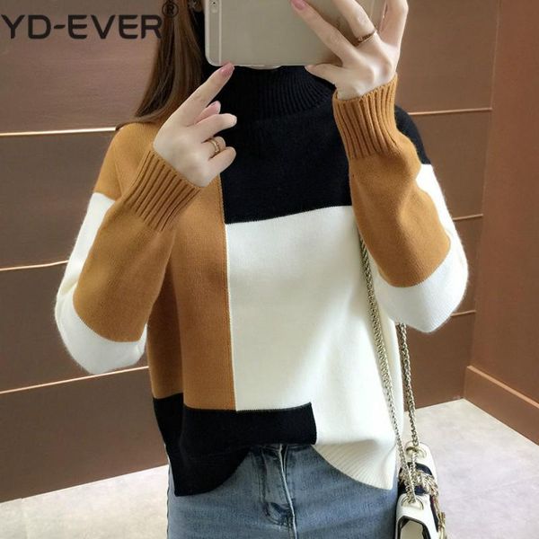 

yd-ever мода patckwork свитер женщины пуловер джемпер с длинным рукавом толстая зимняя одежда корейский радуга водолазка вязаные свитера, White;black