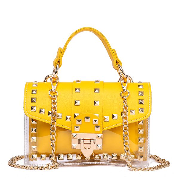 

small clear brand designer woman 2020 new fashion messenger bag chains shoulder bag female rivets transparent square handbag drop shipping