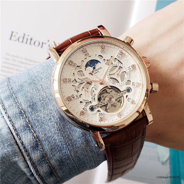 

fashion luxury designer swiss watch leather tourbillon watch automatic men watch men mechanical steel watches relogio masculino clock lu, Slivery;brown