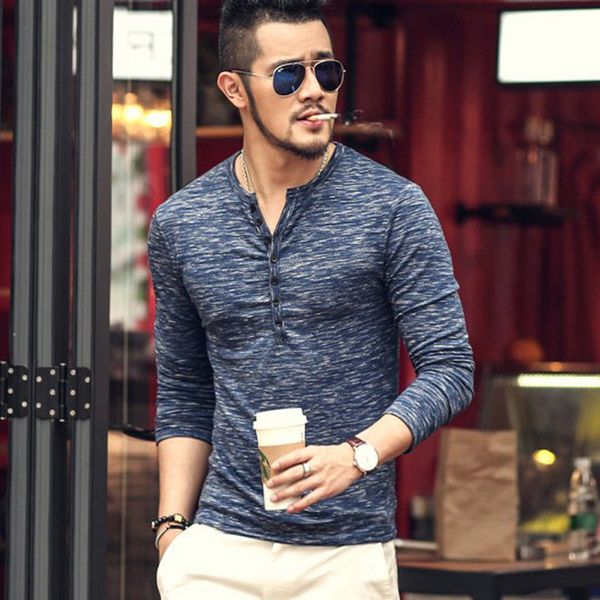 

2017 fashion men's slim fit v neck long sleeve muscle button shirt casual blouse, White;black