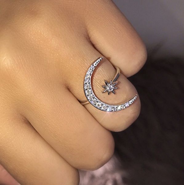 

wholesale- fashion jewelry 925 sterling silver pave white clear 5a cubic zirconia opening adjustable women wedding star moon ring gift, Slivery;golden