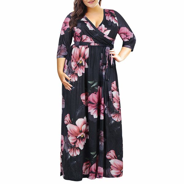 

womens clothing women long maxi dresses 2019 women elegant short sleeve 50s casual dress plus size 7xl 8xl 9xl floral print party, Black;gray