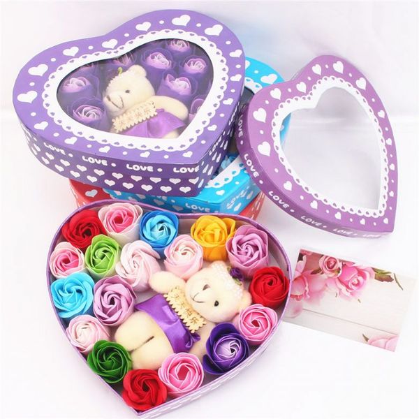 

valentine's day romantic fragrant handmade rose soap flower gift box within flowers 1 little cute bear doll and 1 metal bo