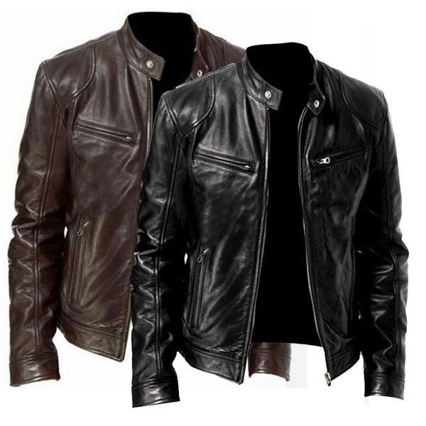 

faux leather jacket fashion autumn male leather jacket plus size black brown mens stand collar coats motorcycle biker jackets