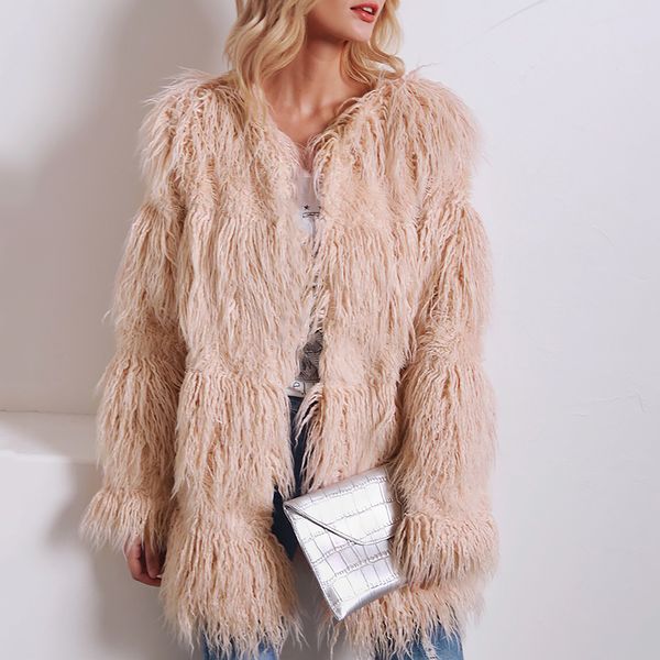 

fashion women winter coat thick warm plush hairy faux fur clothing luxury female streetwear casual long sleeve solid jackets, Black