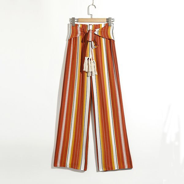 

women's pants & capris split striped lady wide leg women summer beach high waist trousers chic streetwear sash casual tassle female fas, Black;white