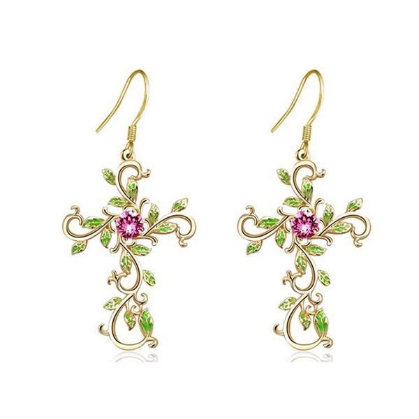 

god we trust cross dangle earrings for women ladies fashion rose gold color plated pink zircon leaves earrings jewelry gifts, Silver
